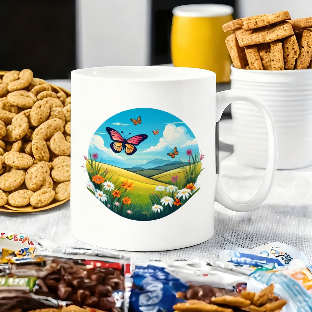 Tailorly White Ceramic 11 oz Mug - landscape scene with flowers and mountains