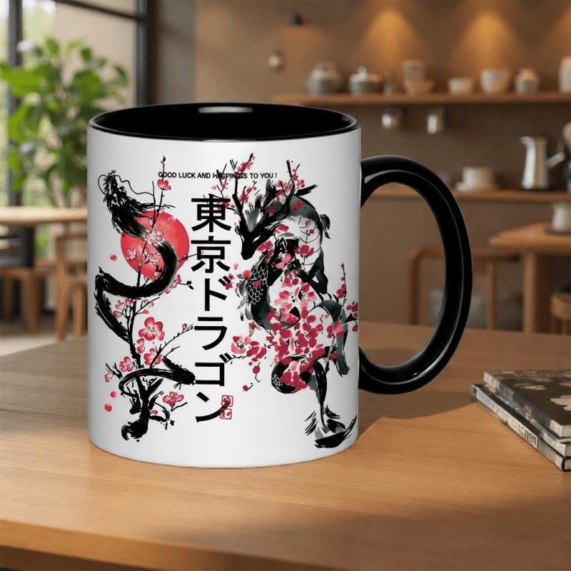 Tailorly Black Accent 11 oz Mug - cherry good luck happiness japanese
