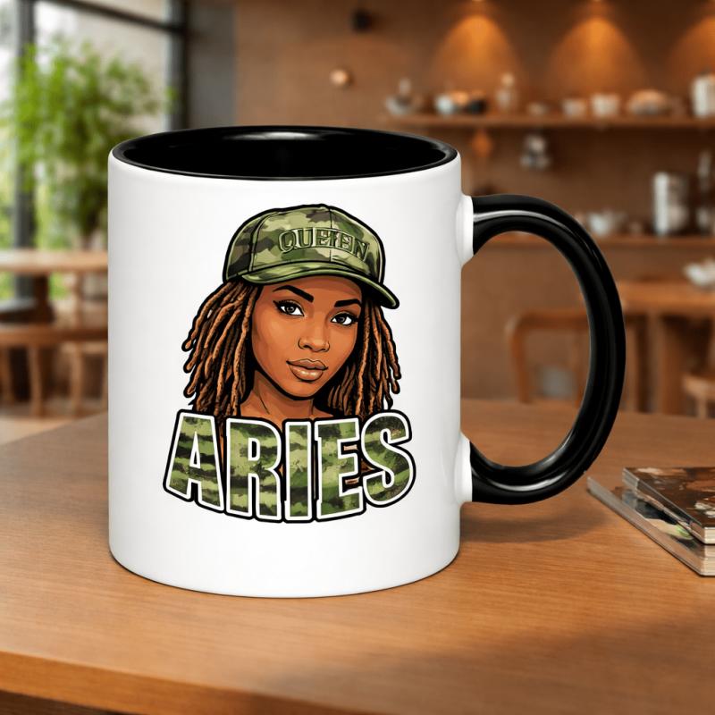 Tailorly Black Accent 11 oz Mug - aries queen zodiac sign with dreadlocks and camouflage hat
