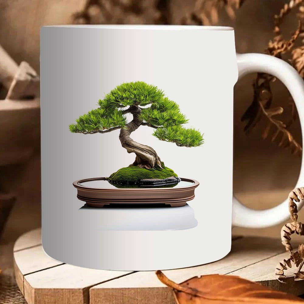 Tailorly White Ceramic 11 oz Mug - green plant pattern