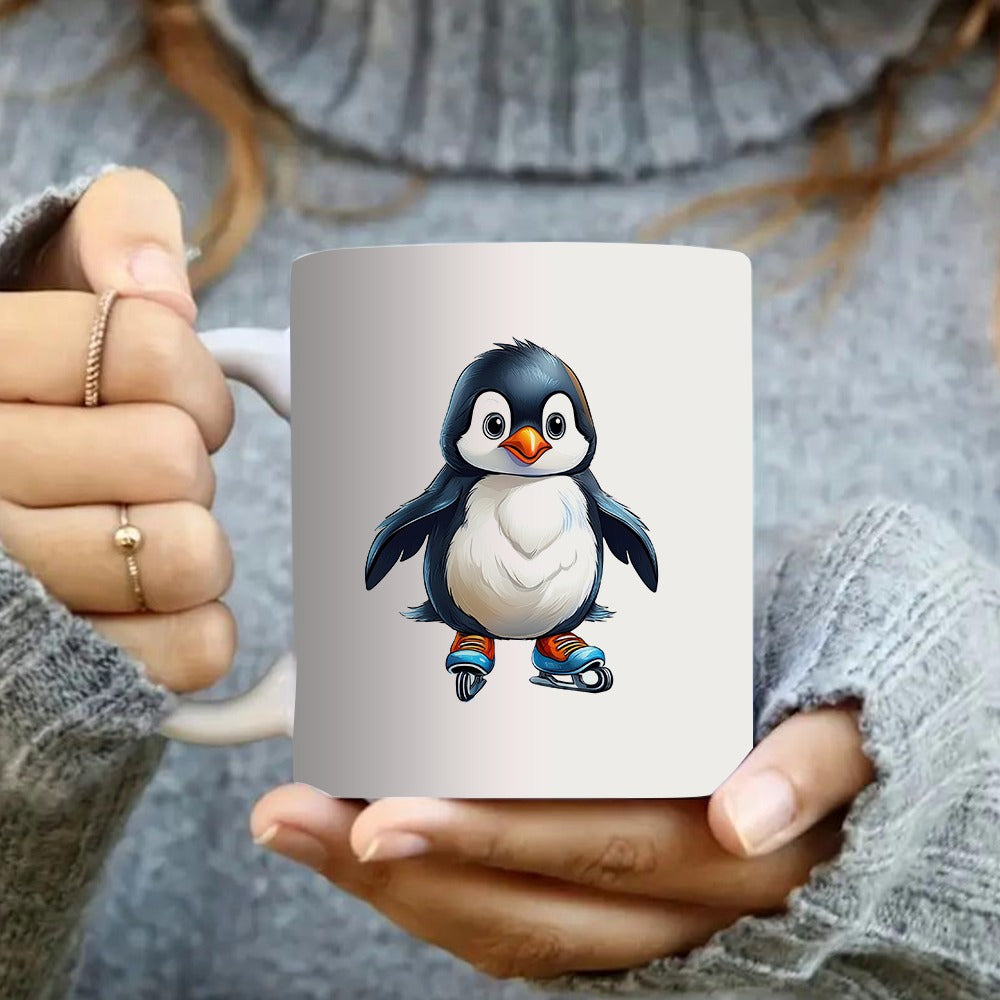 Tailorly White Ceramic 11 oz Mug - cute penguin skating