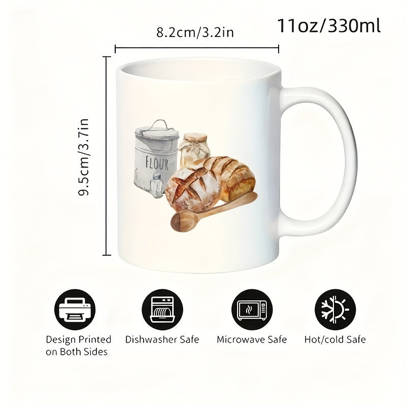 Tailorly White Ceramic 11 oz Mug - flour can bread loaves spoon design