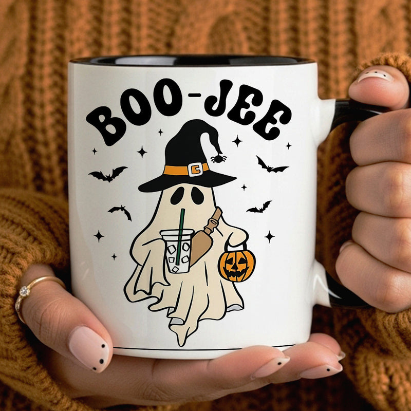 Tailorly Black Accent 11 oz Mug - halloween pattern with coffee and pumpkin design