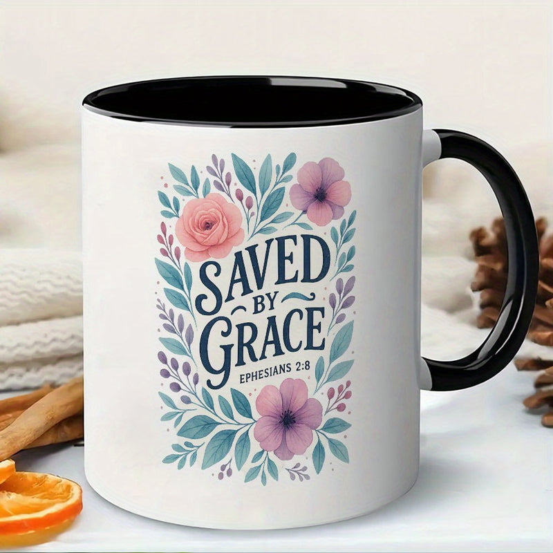 Tailorly Black Accent 11 oz Mug - floral frame with text the churchs commemorative gift biblical