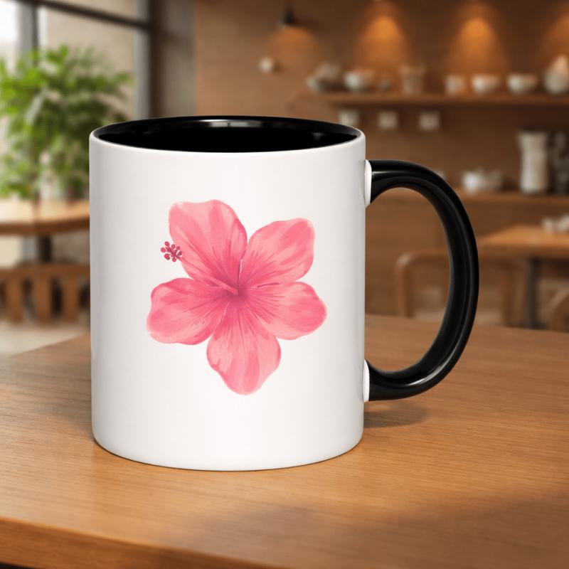 Tailorly Black Accent 11 oz Mug - a pink hibiscus flower