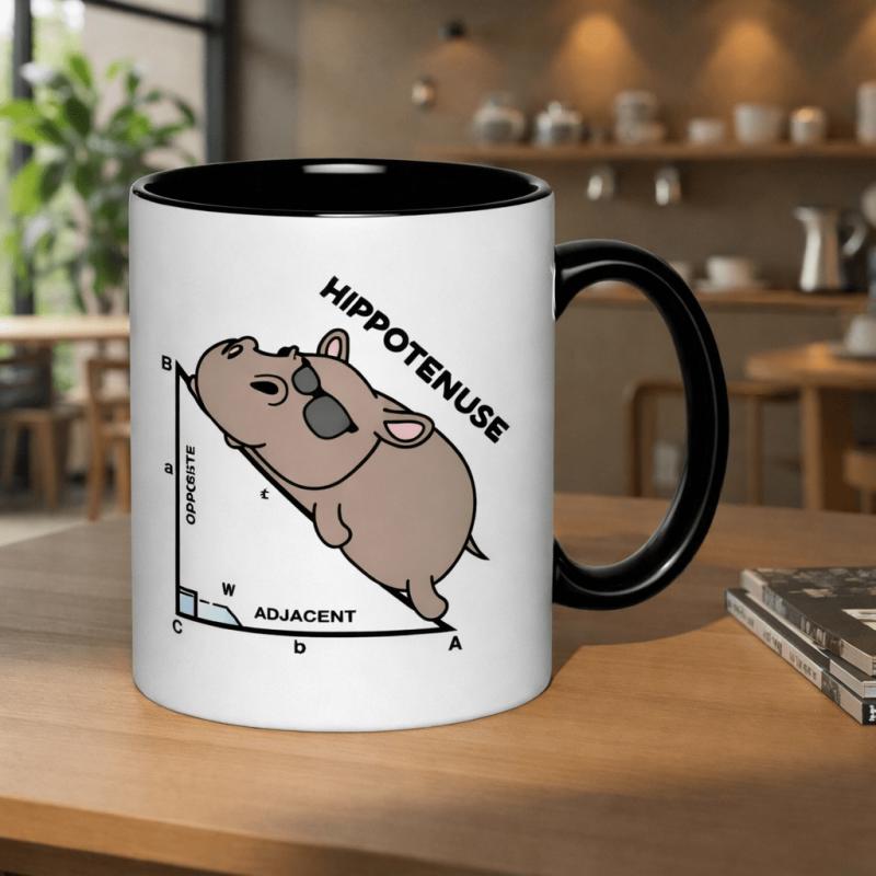 Tailorly Black Accent 11 oz Mug - funny hippo with fashion glasses and mathematical elements