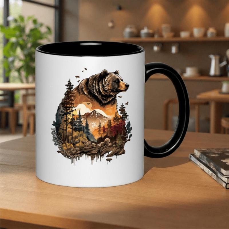 Tailorly Black Accent 11 oz Mug - a bear in a colorful forest during a mountain sunset