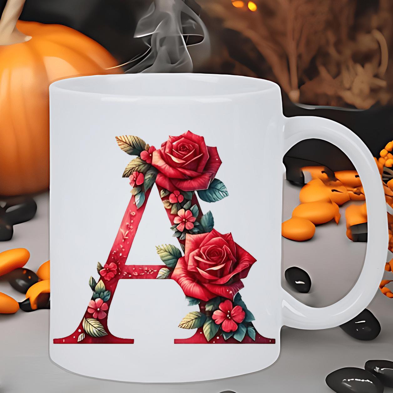 Tailorly White Ceramic 11 oz Mug - rose floral letter design