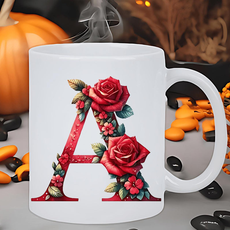 Tailorly White Ceramic 11 oz Mug - rose floral letter design