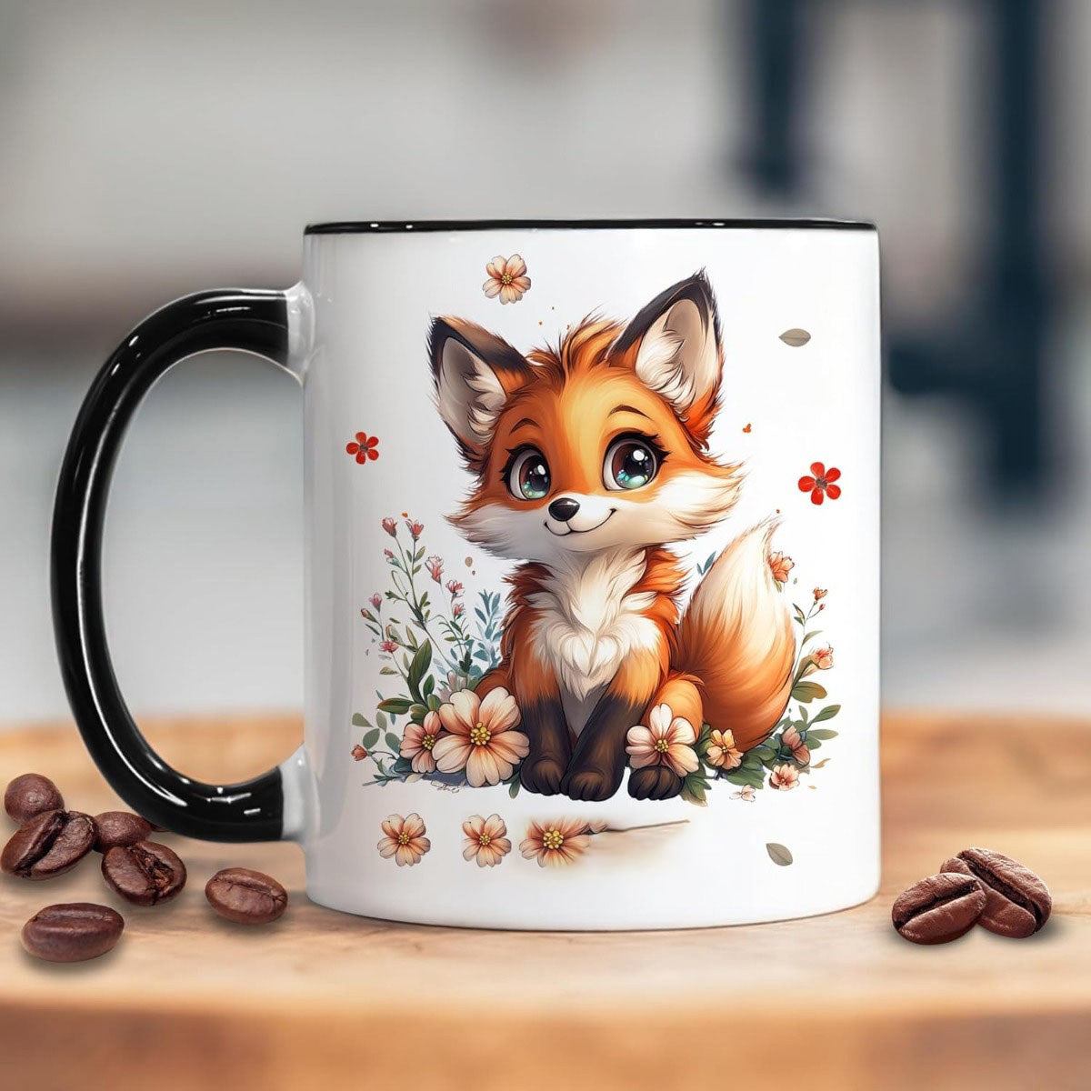 Tailorly Black Accent 11 oz Mug - cute fox with floral decorations