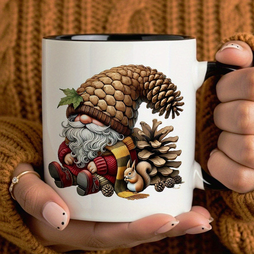 Tailorly Black Accent 11 oz Mug - gnome with a squirrel and beverages during festive autumn and winter