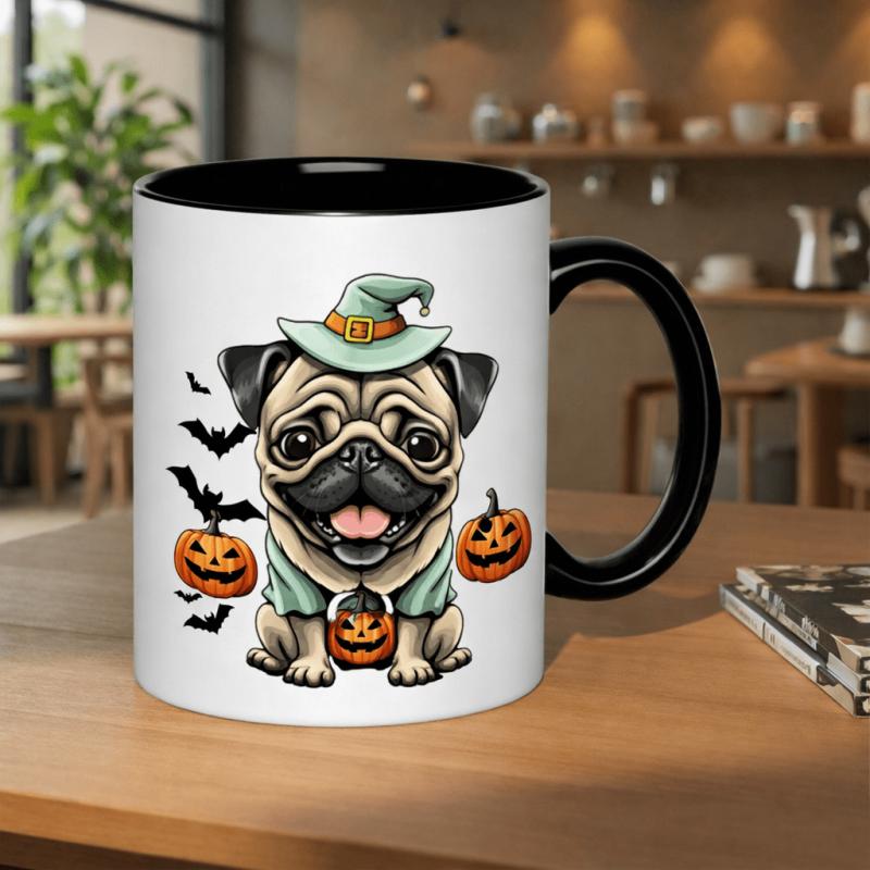 Tailorly Black Accent 11 oz Mug - cute pug witch with pumpkins and bats