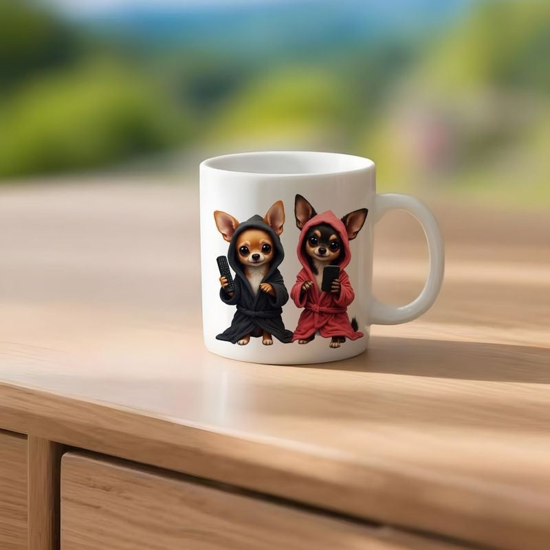 Tailorly White Ceramic 11 oz Mug - chihuahua dogs in robes