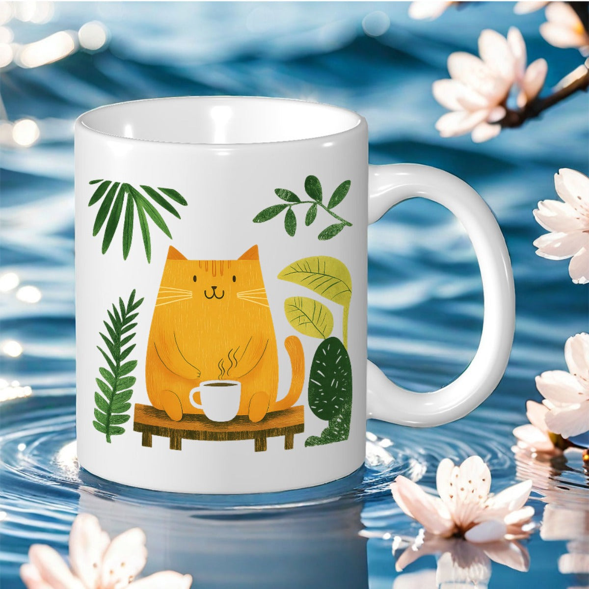 Tailorly White Ceramic 11 oz Mug - a single ceramic coffee mug featuring an adorable on a table surrounded by tropical leaves with that home this