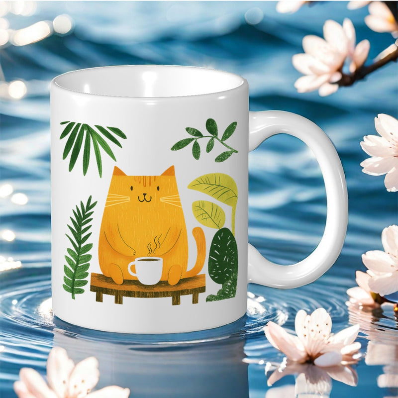 Tailorly White Ceramic 11 oz Mug - a single ceramic coffee mug featuring an adorable on a table surrounded by tropical leaves with that home this
