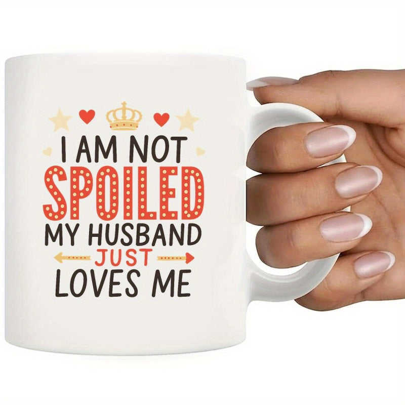 Tailorly White Ceramic 11 oz Mug - i am not my husband just white and red hearts golden lettering