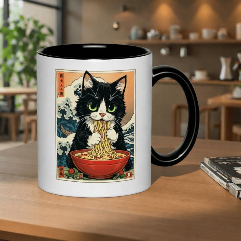Tailorly Black Accent 11 oz Mug - a tuxedo cat， large noodles， waves