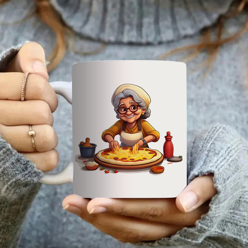 Tailorly White Ceramic 11 oz Mug - cartoon grandma making pizza