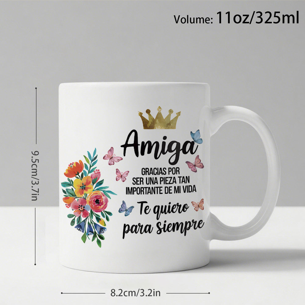 Tailorly White Ceramic 11 oz Mug - portuguese floral and spanish word
