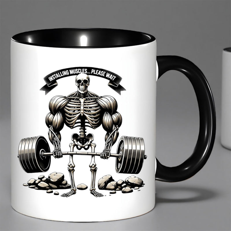 Tailorly Black Accent 11 oz Mug - strong skull muscular skeleton lifting weights