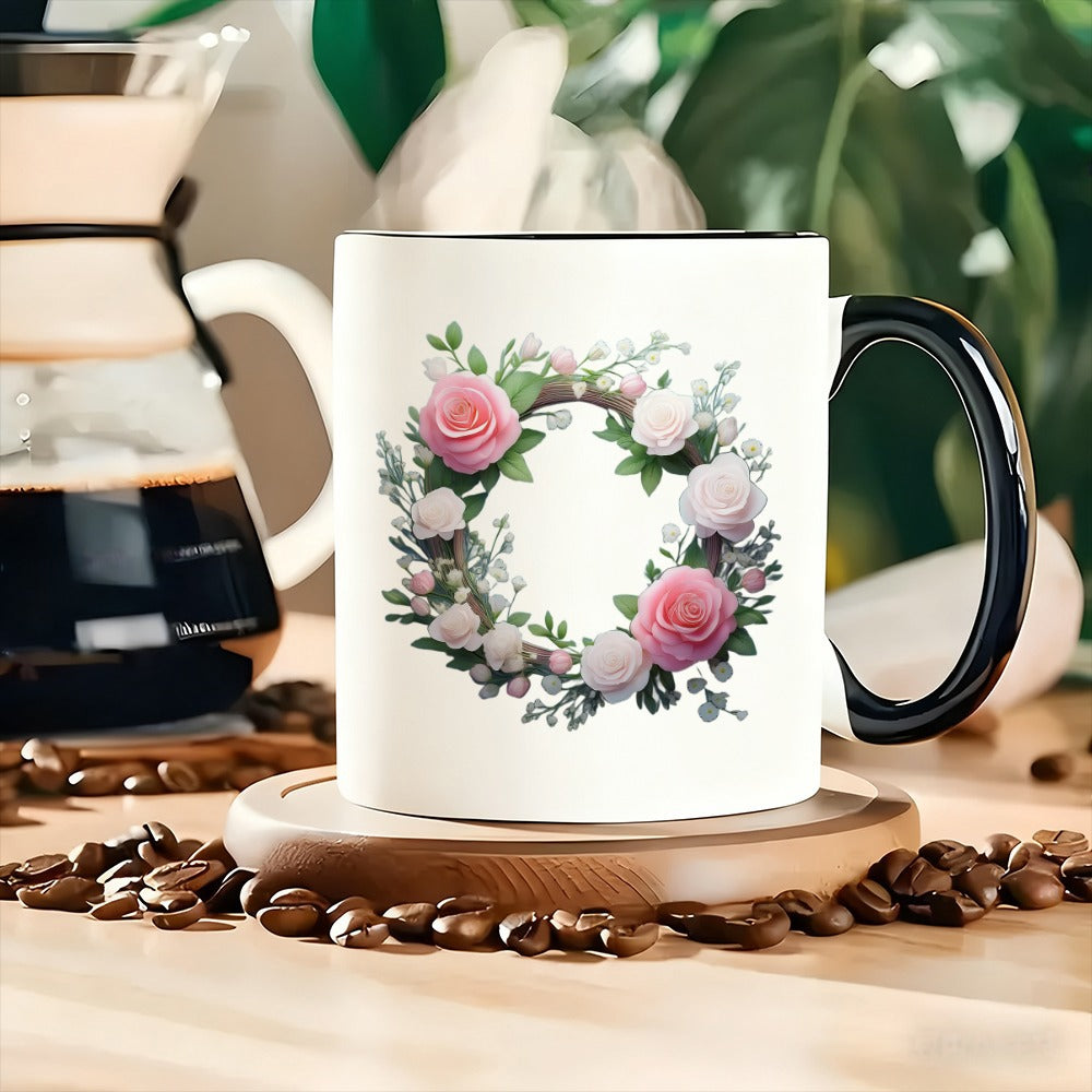 Tailorly Black Accent 11 oz Mug - wreath design showcasing an elegant pattern of pink and white flowers