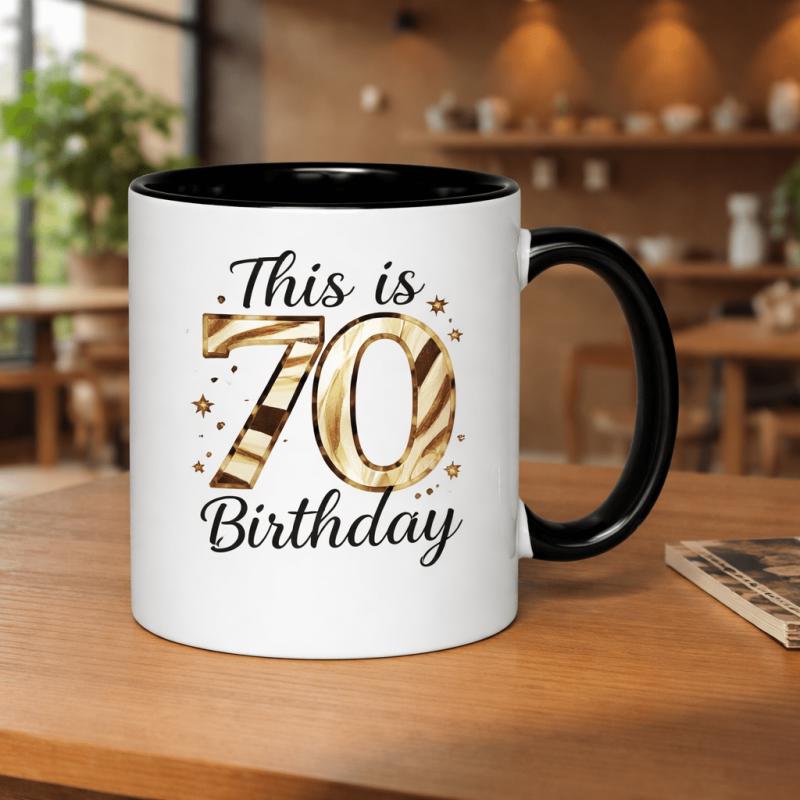 Tailorly Black Accent 11 oz Mug - 70th birthday celebration pattern