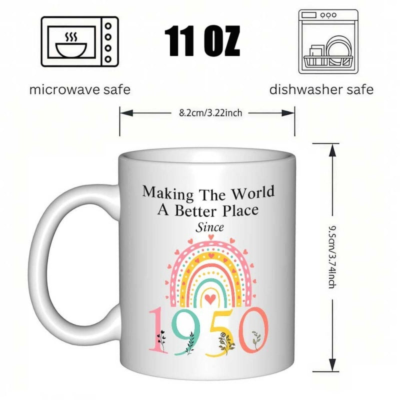 Tailorly White Ceramic 11 oz Mug - 75th birthday text with rainbow design