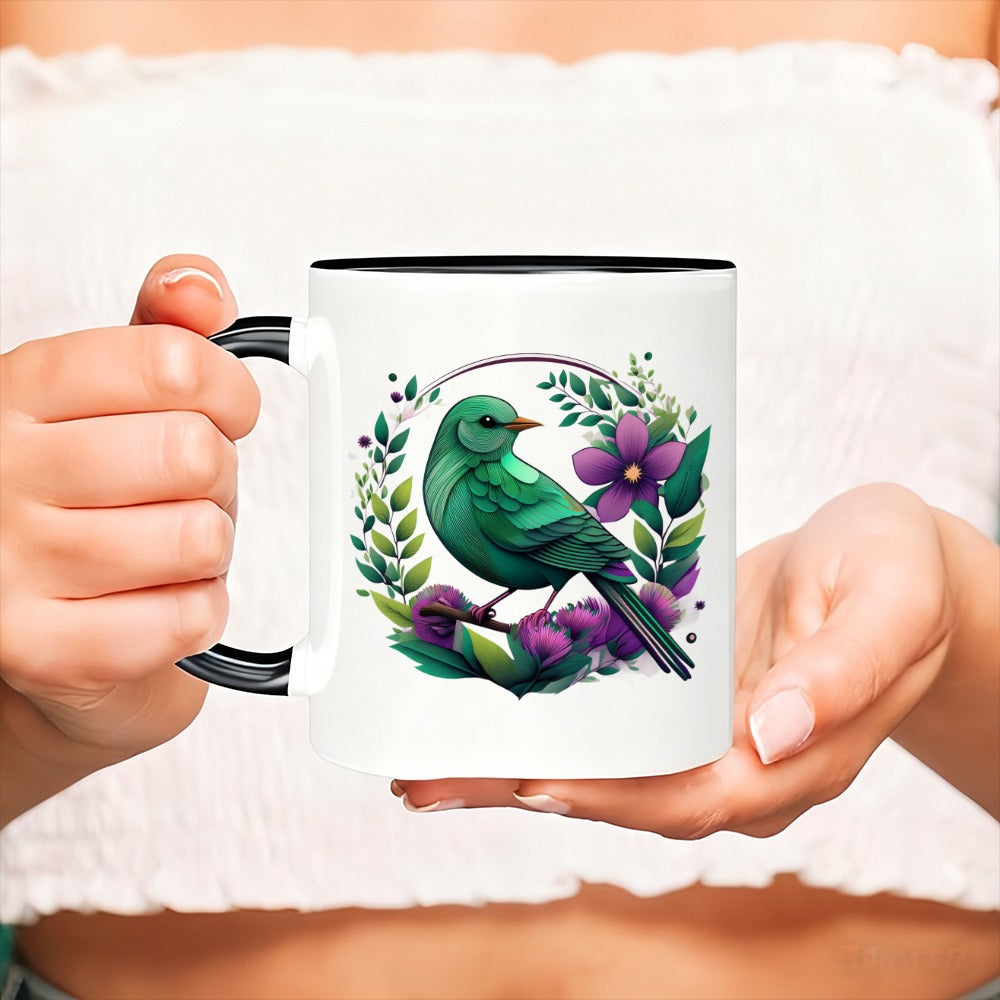 Tailorly Black Accent 11 oz Mug - bird and purple flowers