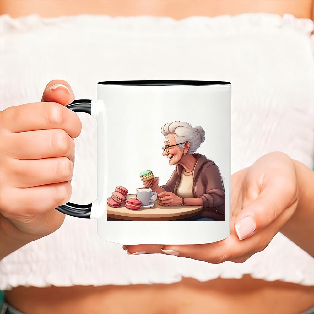 Tailorly Black Accent 11 oz Mug - an elegant woman with coffee and macarons on a table