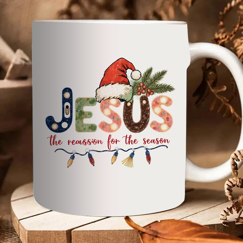 Tailorly White Ceramic 11 oz Mug - festive holiday lights and santa hat