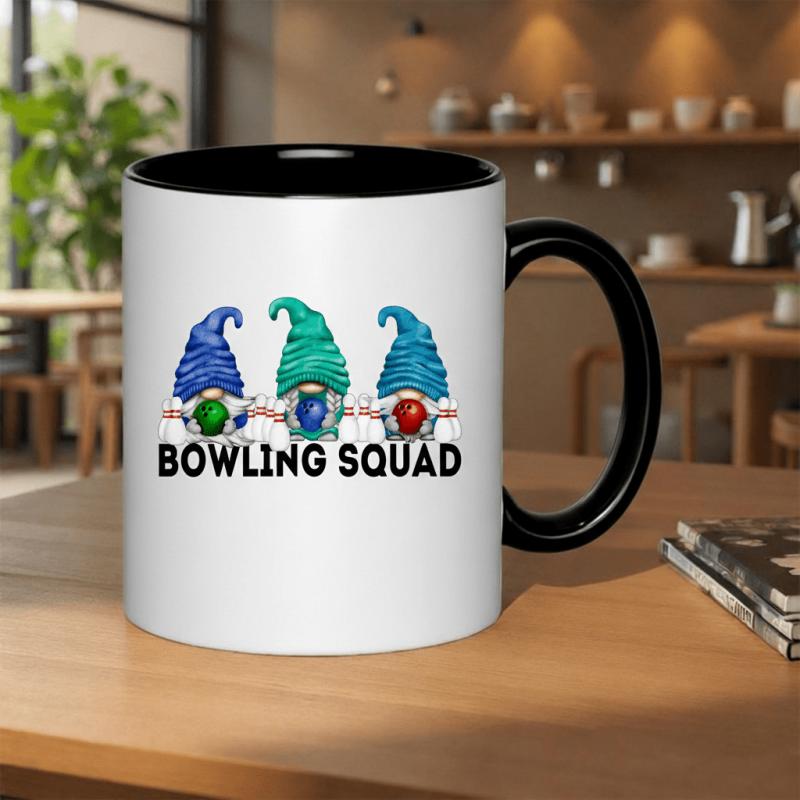 Tailorly Black Accent 11 oz Mug - bowling squad gnomes with bowling balls and pins