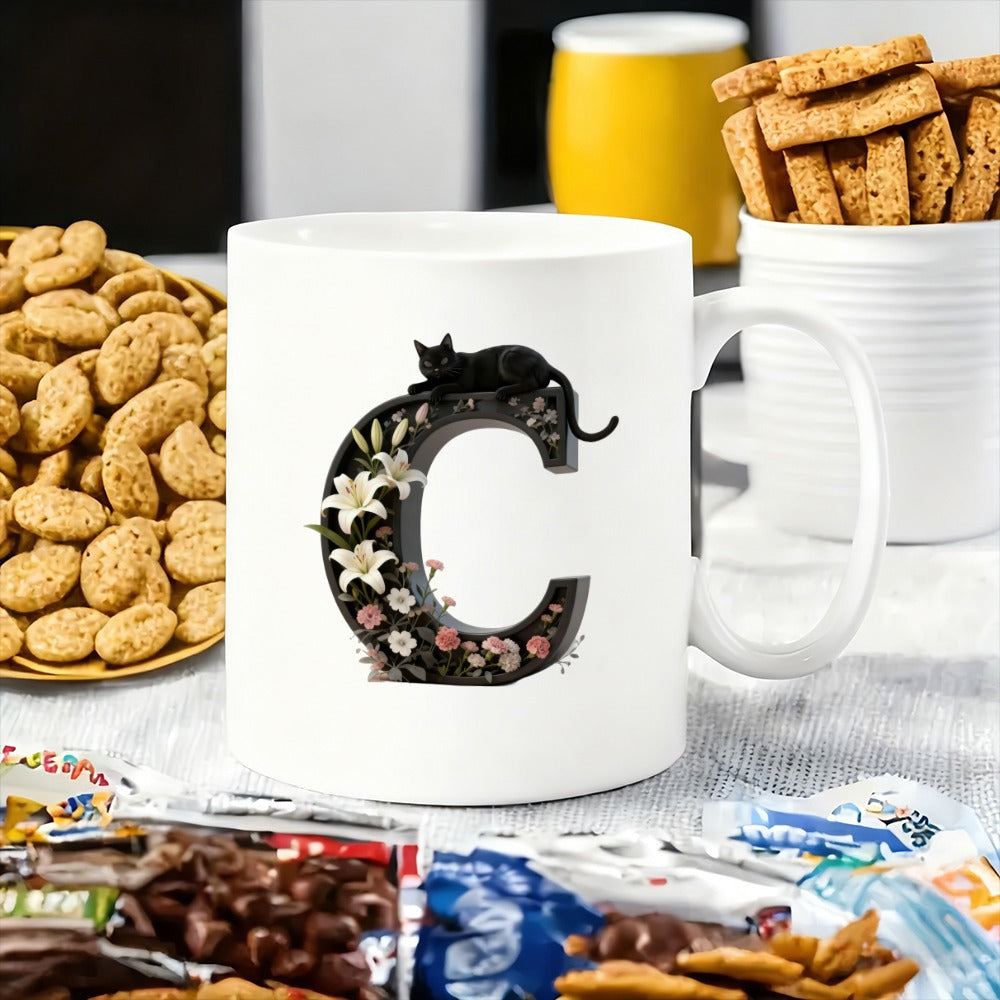 Tailorly White Ceramic 11 oz Mug - black cat
