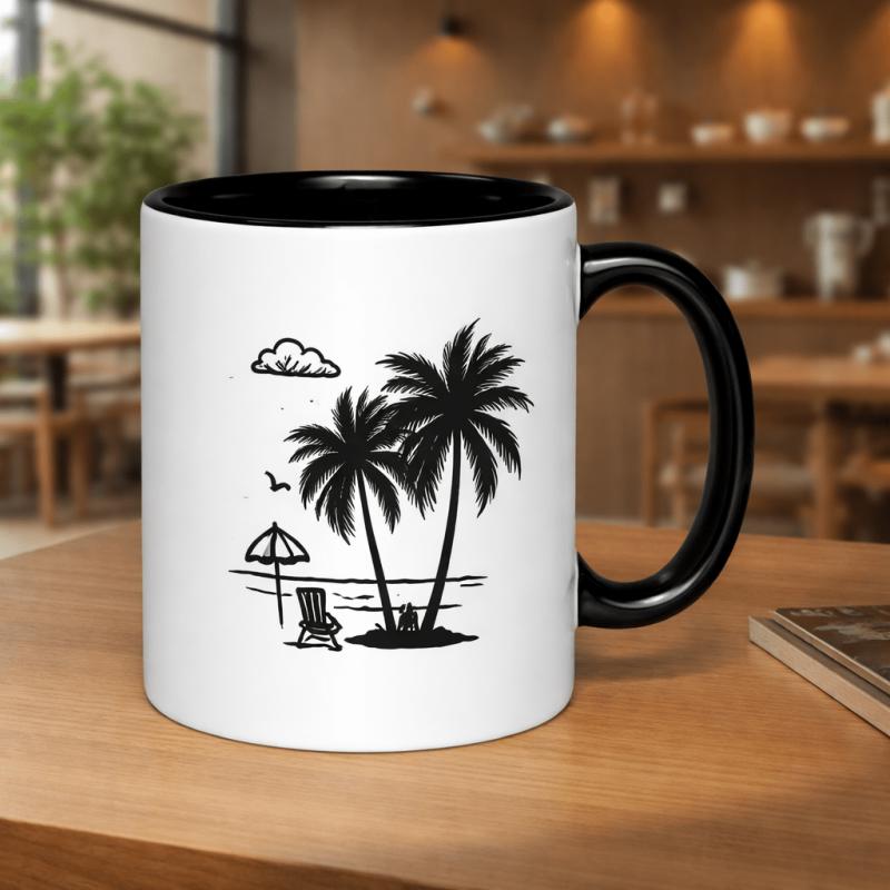 Tailorly Black Accent 11 oz Mug - beach setting with palm trees， umbrella， and chair