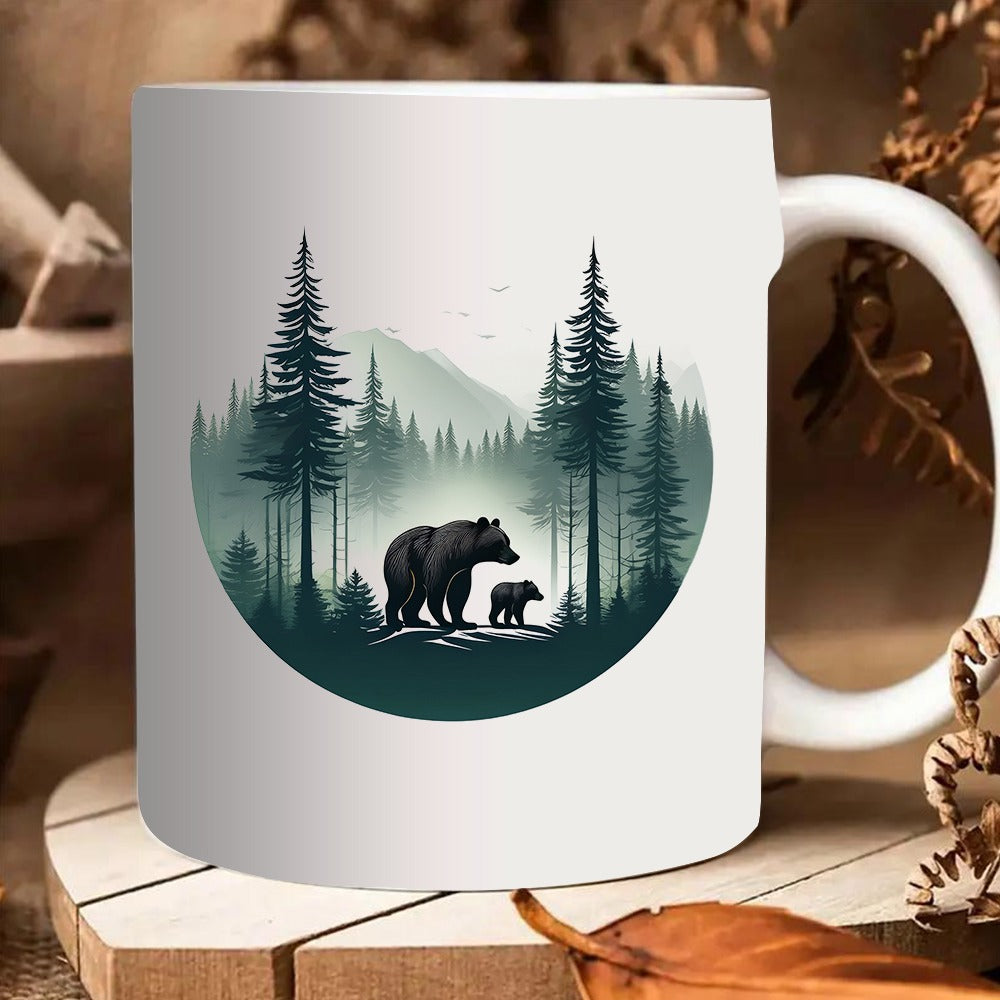 Tailorly White Ceramic 11 oz Mug - bear and cub in scene