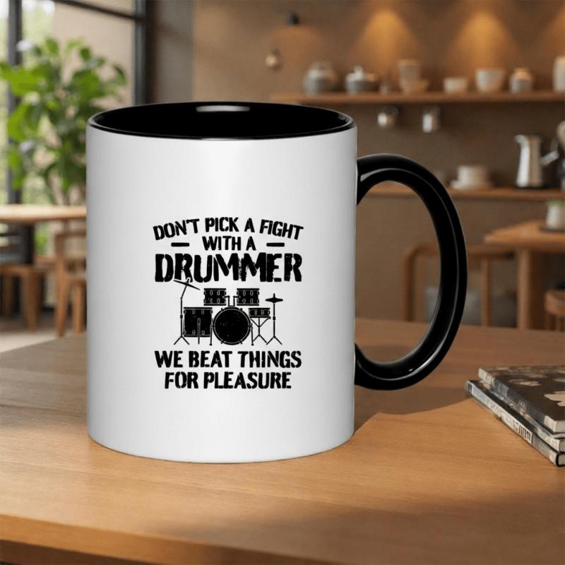 Tailorly Black Accent 11 oz Mug - drummer with text "we beat things for pleasure"