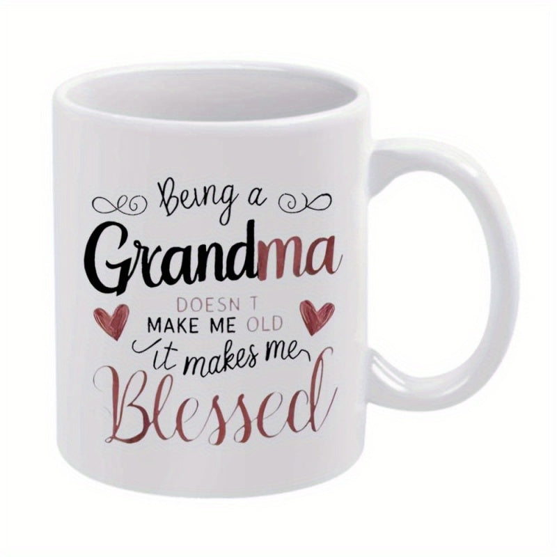 Tailorly White Ceramic 11 oz Mug - red lettering saying "being a grandma doesn't old it blessed"