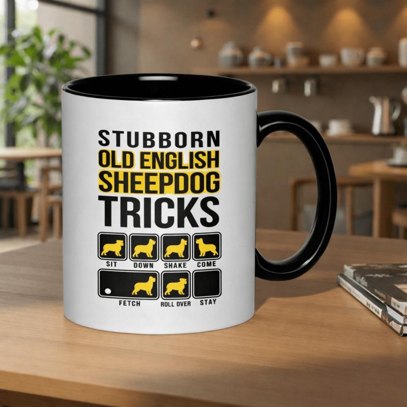 Tailorly Black Accent 11 oz Mug - a whimsical 11oz ceramic mug featuring a with tricks like sit shake come fetch its microwave safe and has a