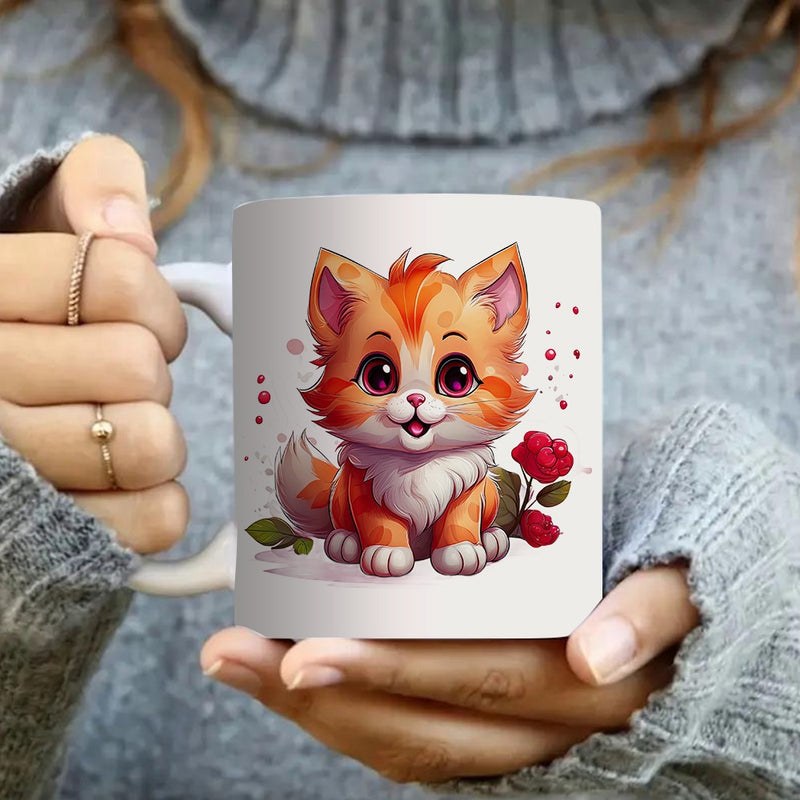 Tailorly White Ceramic 11 oz Mug - cute fox and roses