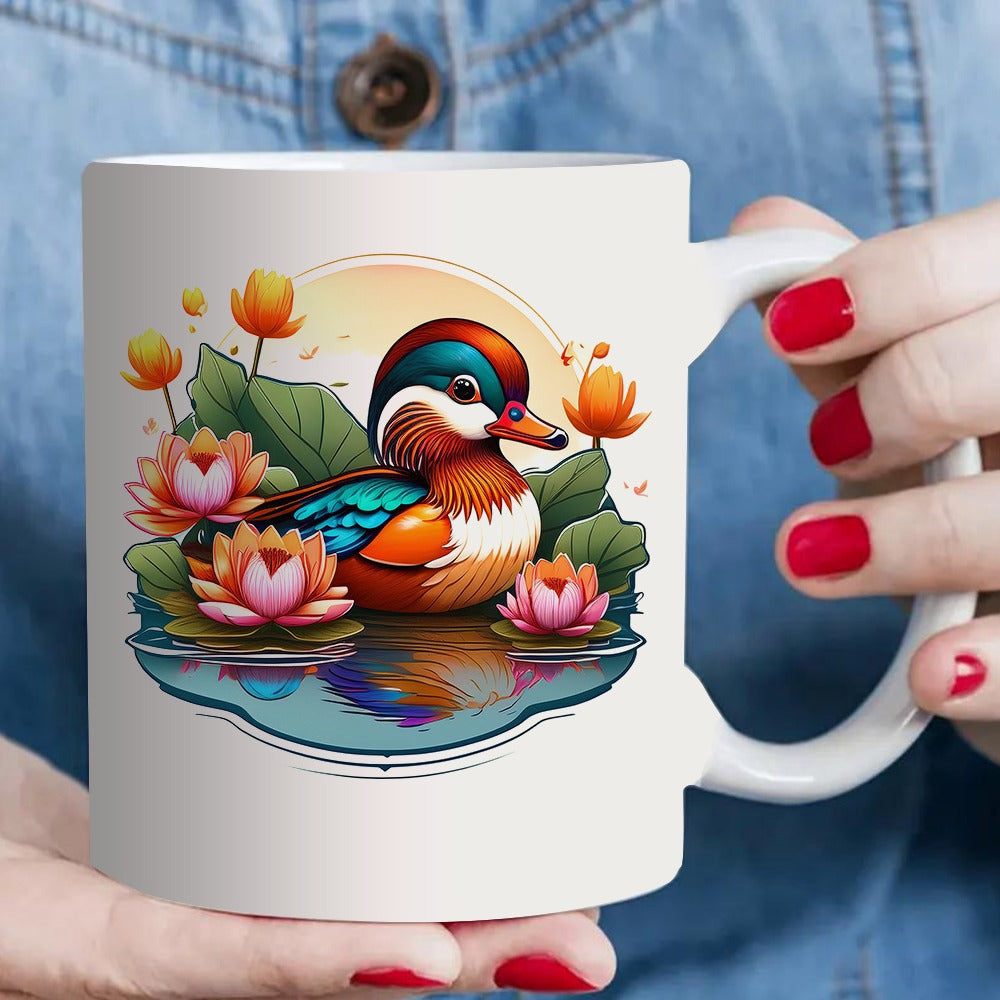 Tailorly White Ceramic 11 oz Mug - duck and lotus