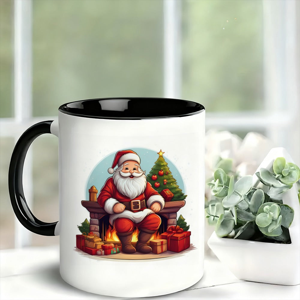 Tailorly Black Accent 11 oz Mug - santa claus relaxing by fireplace surrounded by gifts and a christmas tree