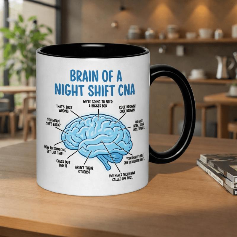 Tailorly Black Accent 11 oz Mug - brain illustration with text "brain of a cna" and humorous design