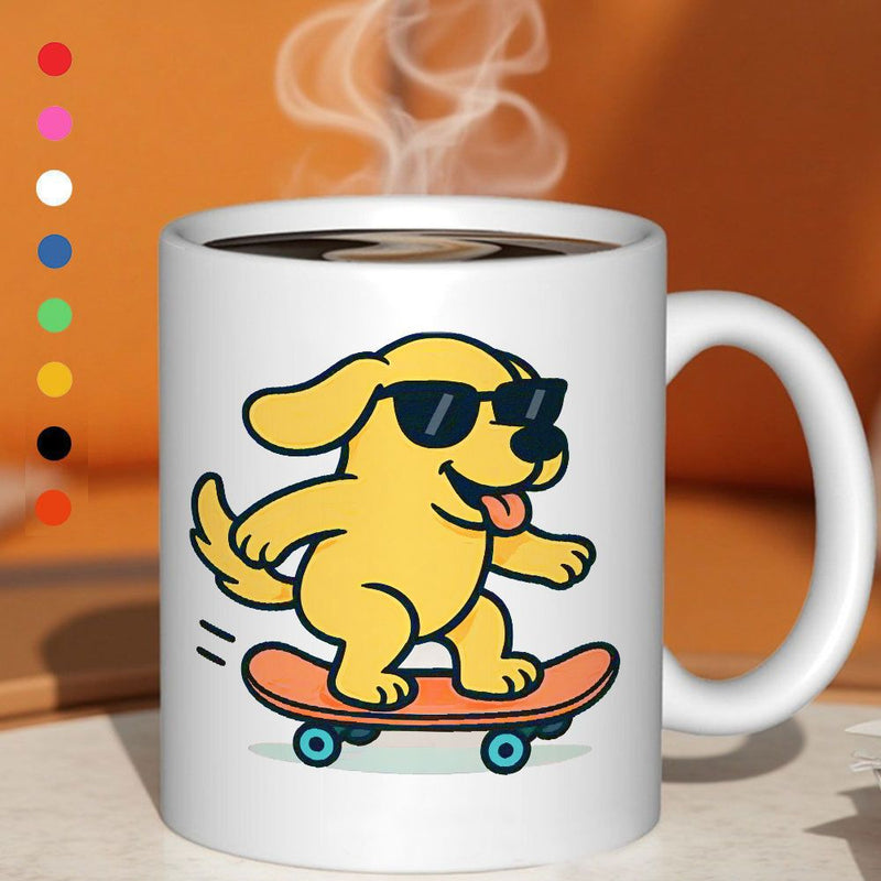 Tailorly White Ceramic 11 oz Mug - cartoon on orange skateboard colorful illustration with glasses tongue