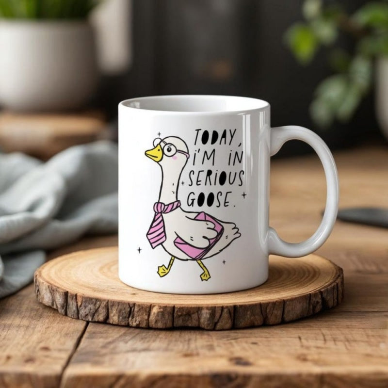 Tailorly White Ceramic 11 oz Mug - goose in a suit with "today serious" text