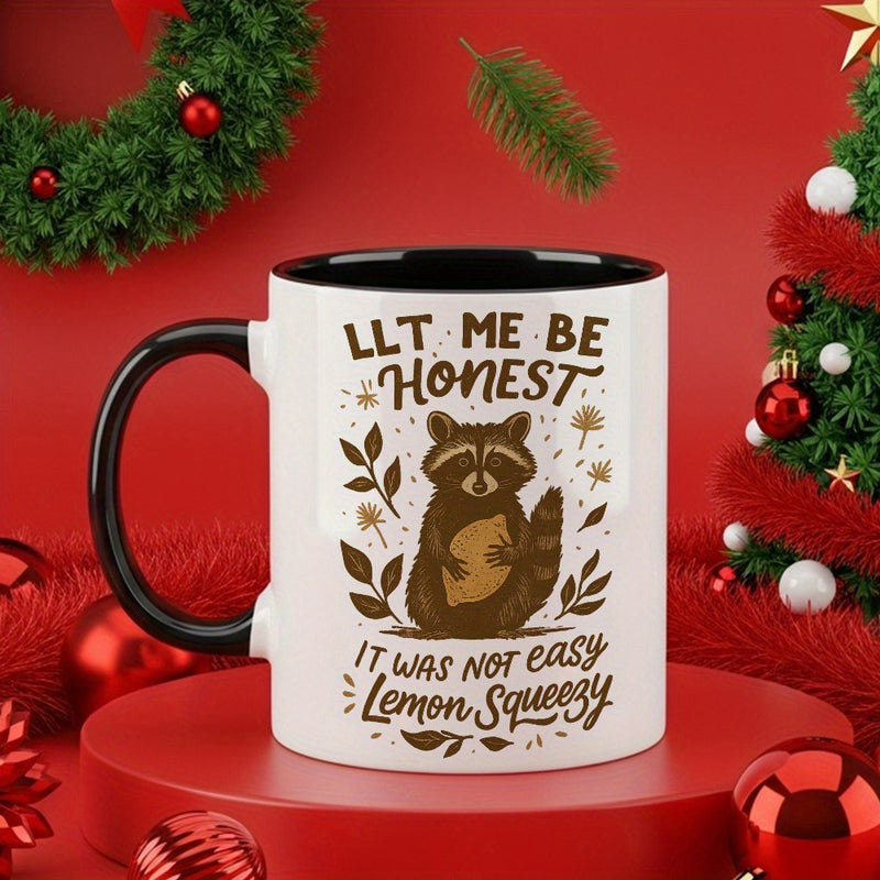 Tailorly Black Accent 11 oz Mug - funny raccoon with coffee and squeezy pun