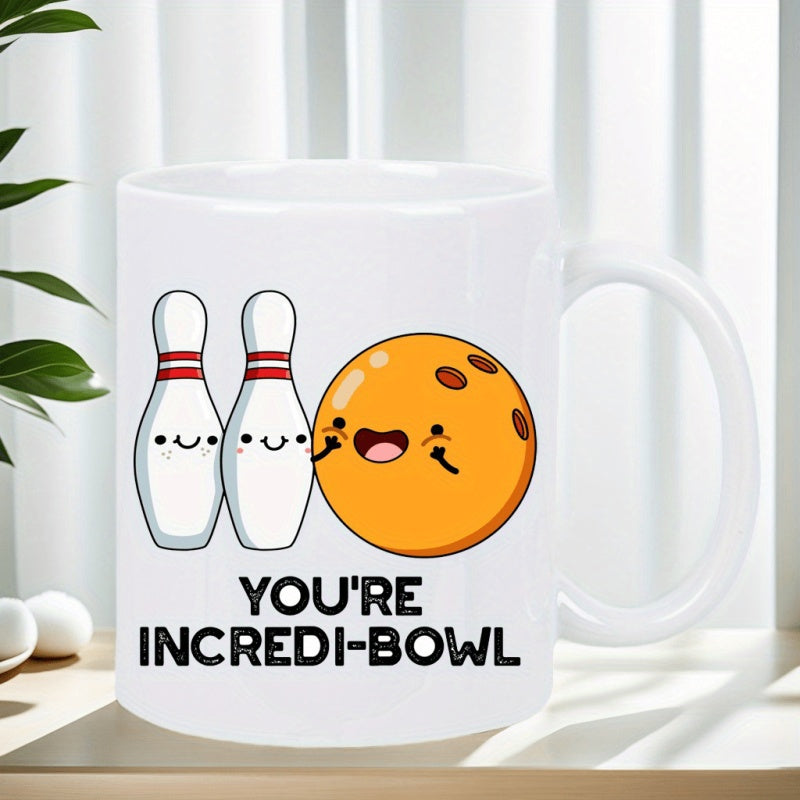Tailorly White Ceramic 11 oz Mug - smiling pins and orange ball design