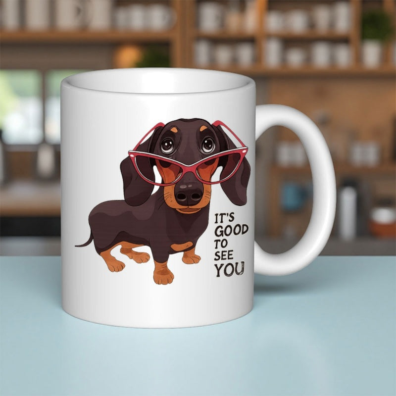 Tailorly White Ceramic 11 oz Mug - adorable dachshund wearing pink glasses