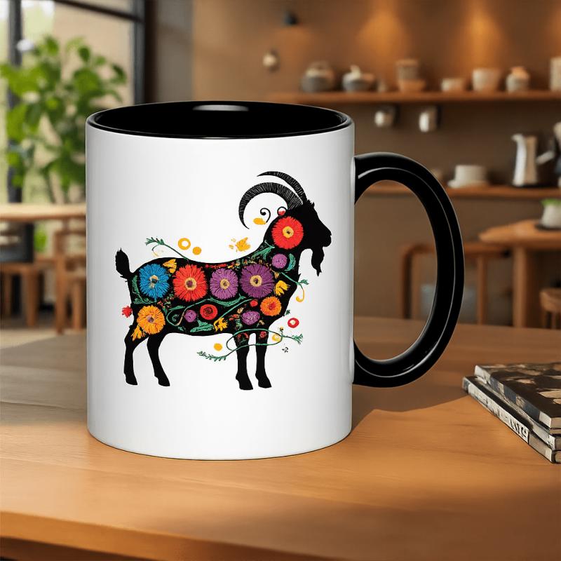 Tailorly Black Accent 11 oz Mug - colorful floral goat outline with bright flowers and greenery