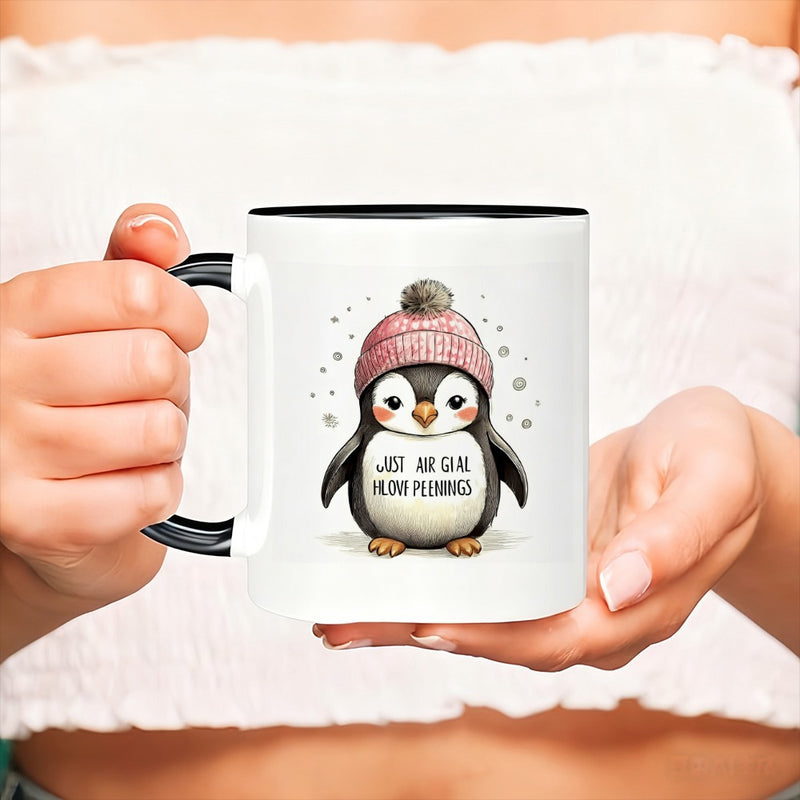 Tailorly Black Accent 11 oz Mug - adorable penguin wearing a pink hat with text design