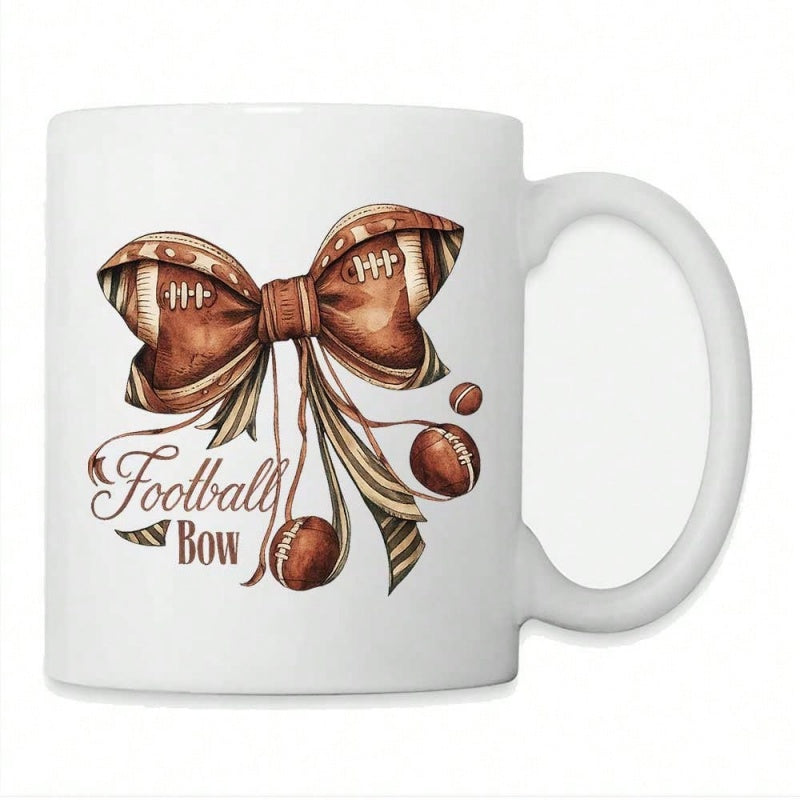 Tailorly White Ceramic 11 oz Mug - football bow， creative sports themed design