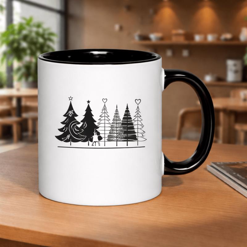 Tailorly Black Accent 11 oz Mug - christmas trees with snowflakes and scene
